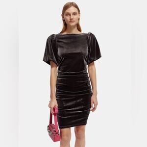Scotch & Soda | Velvet Ruched Mini Dress Short Puff Sleeves Charcoal Gray Large